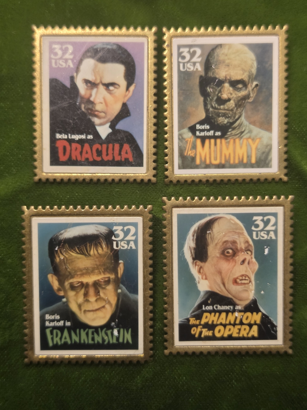 4 Vintage Movie Monsters Stamp PIN Set - Dracula Frankenstein Mummy Phantom USA
